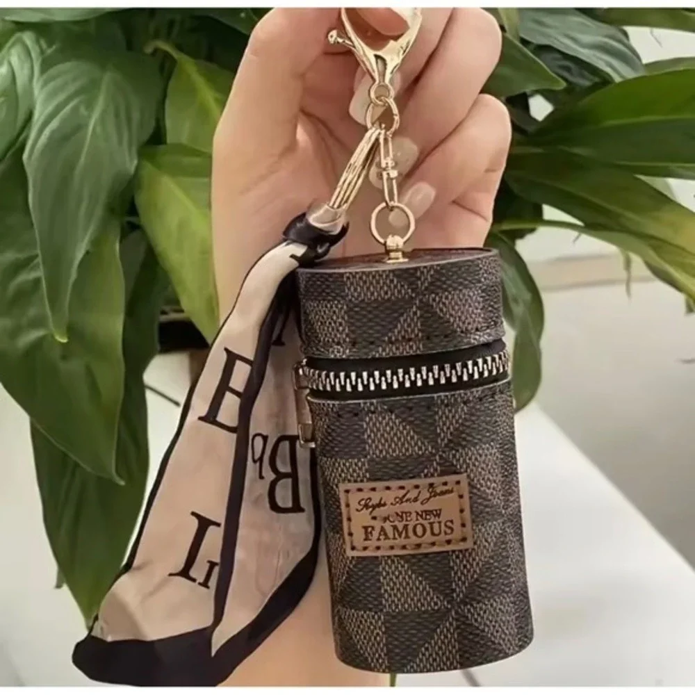 Checkered Cylinder Lipstick Holder Keychain Purse with Scarf Accent  Charm